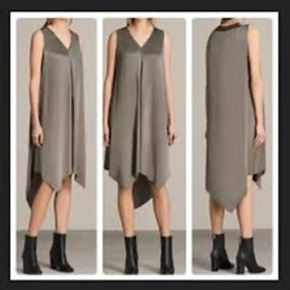 AllSaints Haze Dress Gray Satin Midi Asymmetrical Hem Japanese Cloth US 4 - Picture 2 of 12